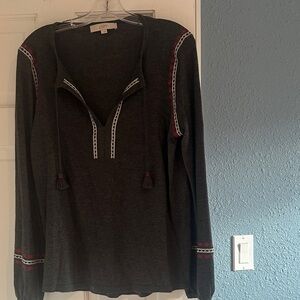 LOFT Charcoal V-Neck Sweater with Red and White Details